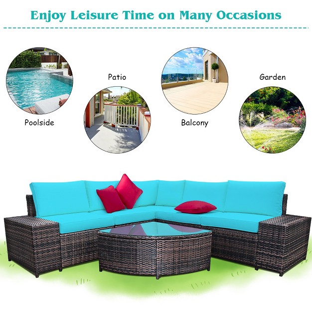 Costway 6pcs Rattan Furniture Set Conversation Cushioned Sofa Armrest Garden Turquoise white