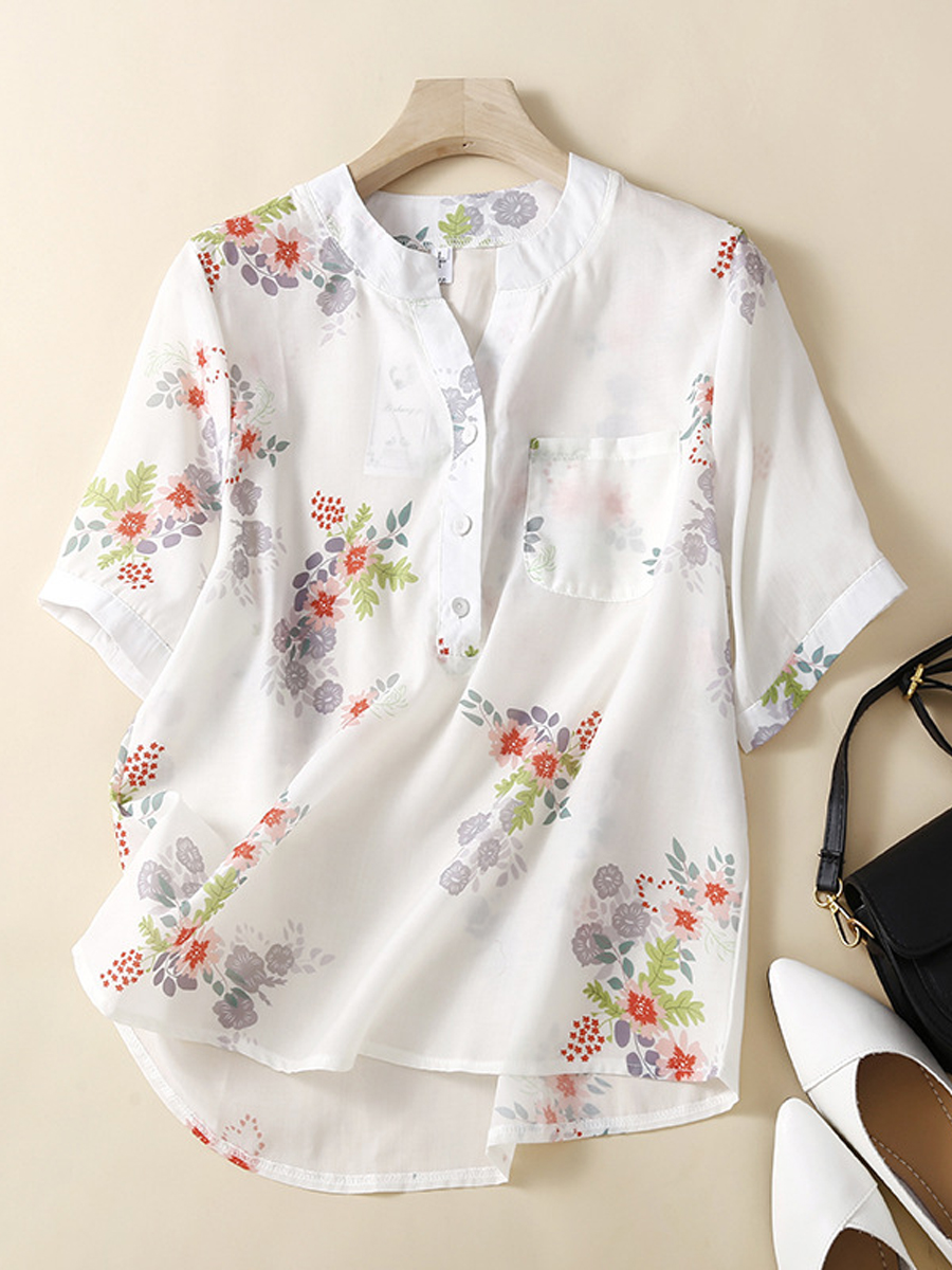 Casual Floral Print Cotton Linen Crew Neck Short Sleeve Blouse