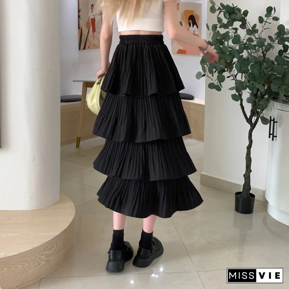 Korean Version Pleated Ruffled Black Skrit Women Summer New Half Body A-line High Waist Layered Cake Skirt Faldas Mujer