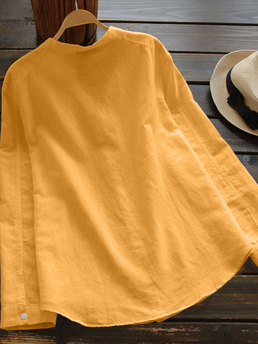 65% Off Autumn Spring V-Neck Linen Plain Shirts & Blouses