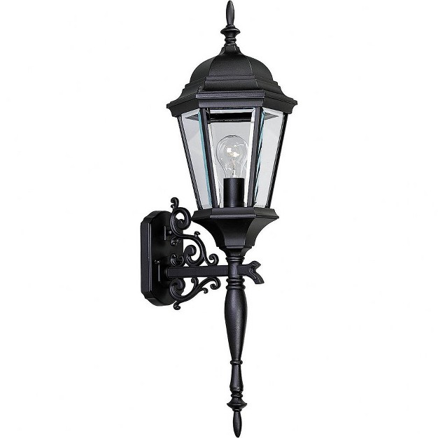 Progress Lighting Welbourne 1 light Wall Lantern Textured Black Clear Beveled Glass Ceramic Shade