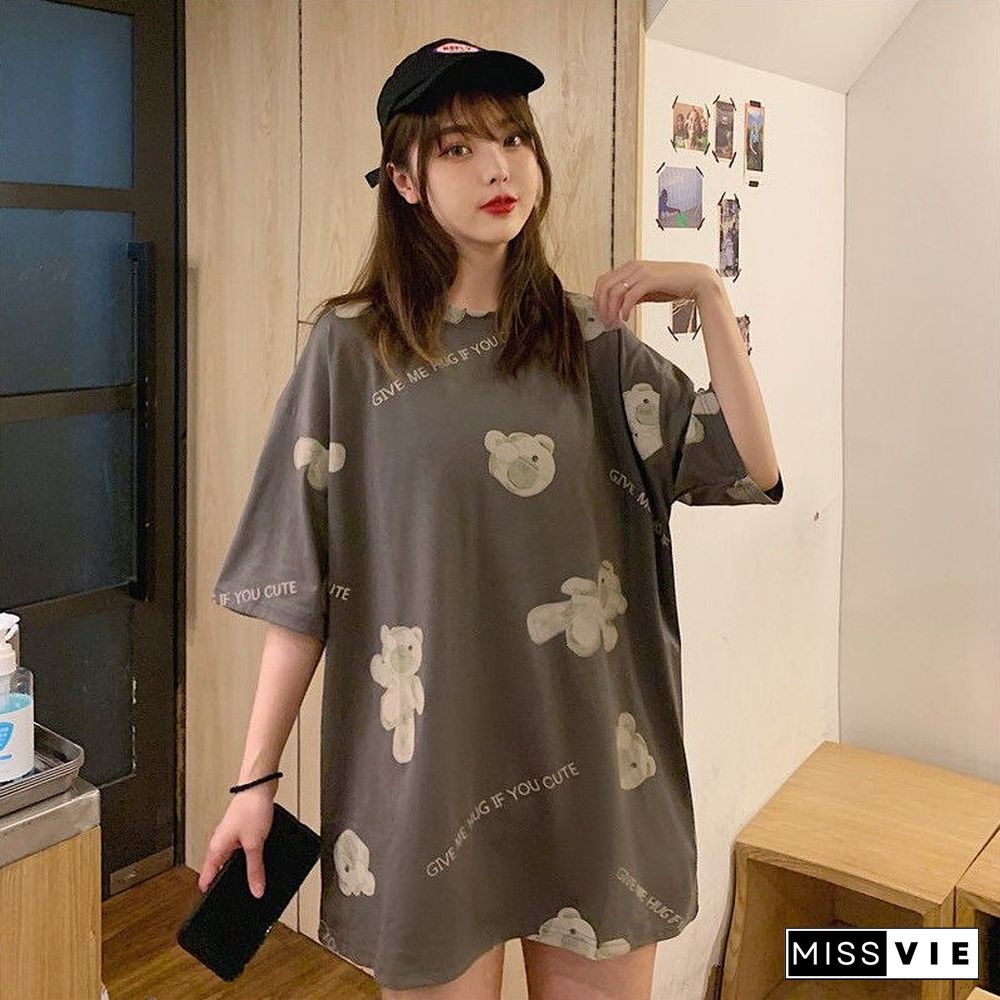 Women Tshirts Female Spring Summer Harajuku Tops L-4XL Plus Size Crew Collar Short Sleeve Tee Graphic T-shirt Cute Hug Bear