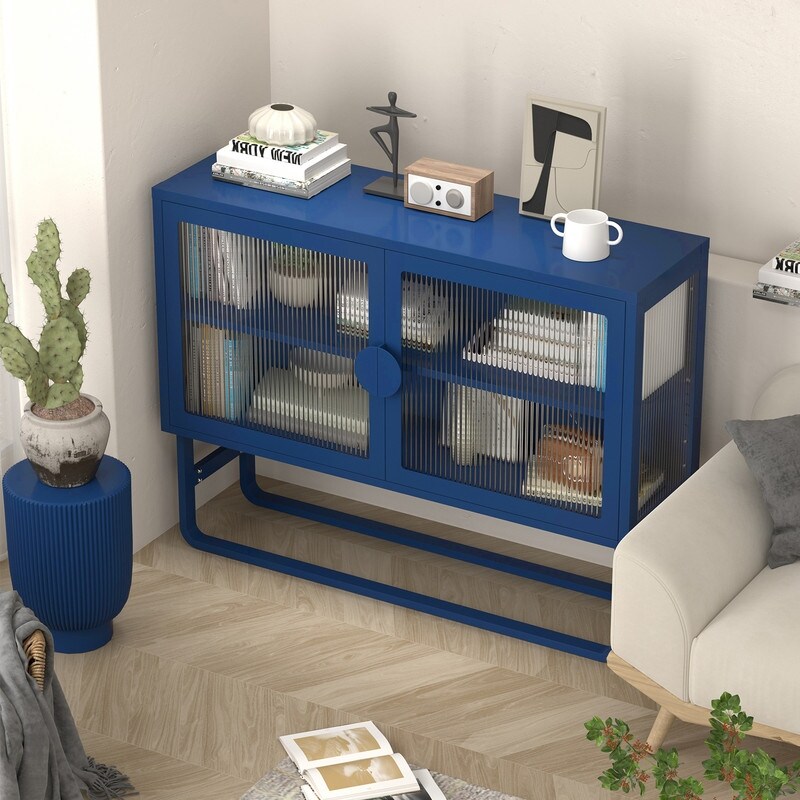 Stylish Tempered Glass Cabinet with 2 Fluted Glass Doors and Adjustable Shelf U shaped Leg