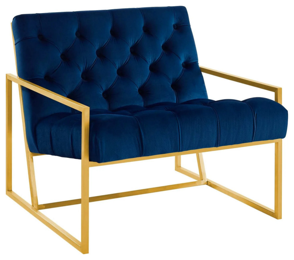 Mimi Navy Gold Stainless Steel Performance Velvet Accent Chair   Contemporary   Armchairs And Accent Chairs   by Peachtree Fine Furniture  Houzz