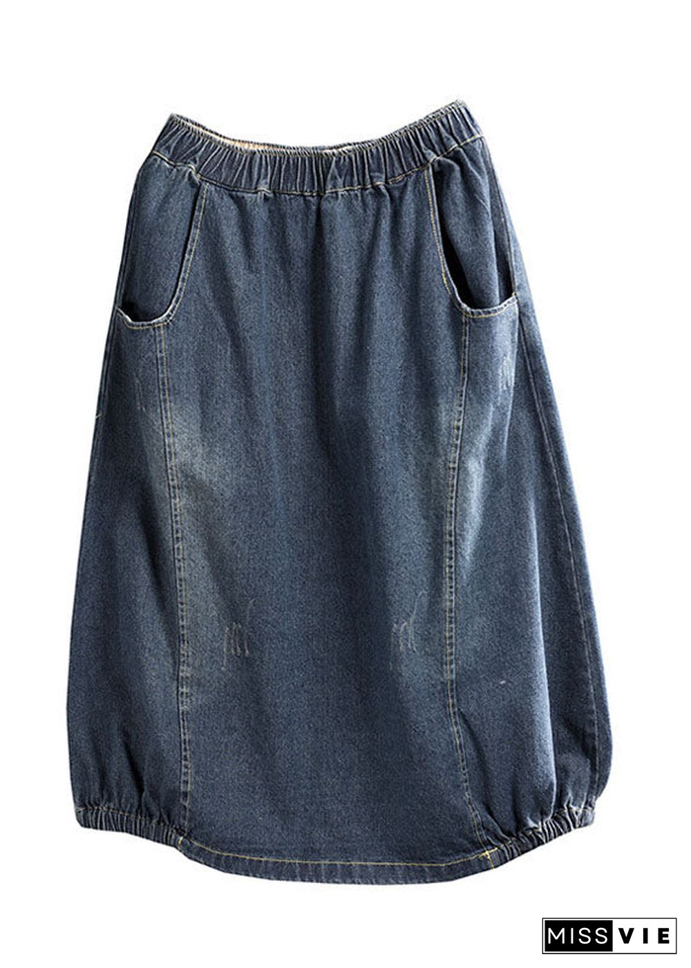 Dark Blue Patchwork Denim A Line Skirt Wrinkled Spring