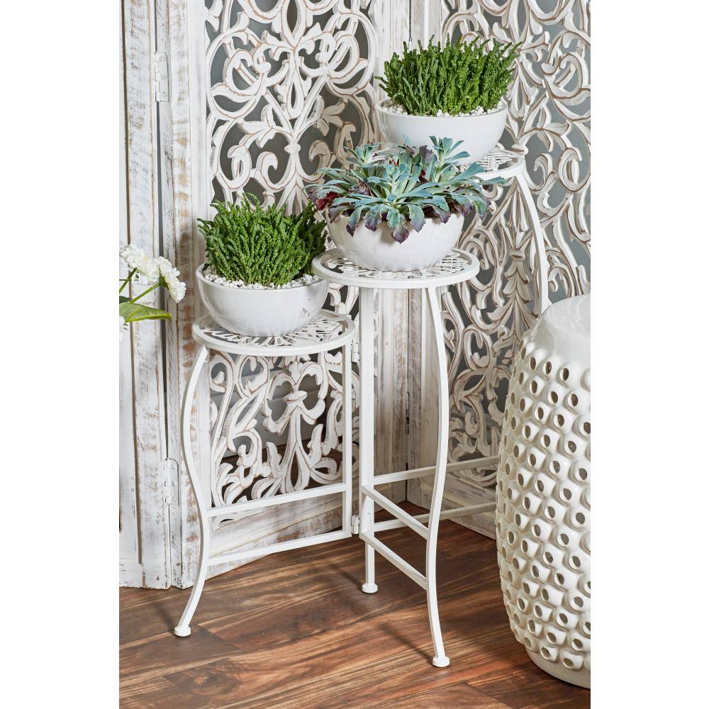 Litton Lane 24 in. White Metal Floral Indoor Outdoor 3-Tier Plantstand 45081