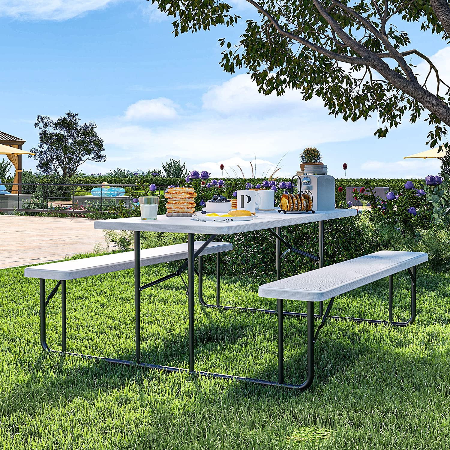 YITAHOME 6ft Folding Picnic Table Heavy Duty Outdoor Picnic Table and Bench Resin Tabletop and Stable Steel Frame w/Umbrella Hole for Yard Patio Lawn Party White