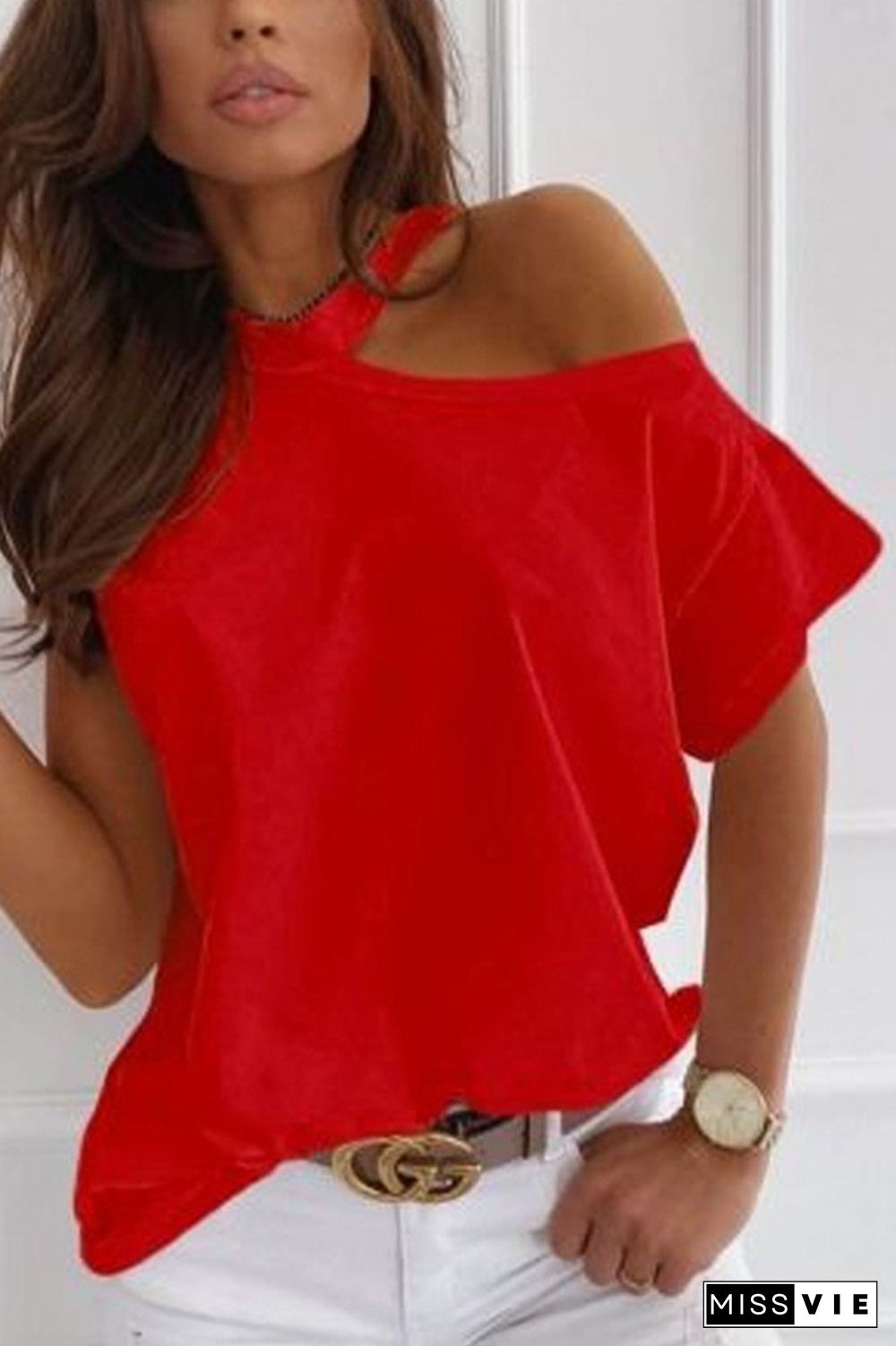 Red Solid Color Off Shoulder Short Sleeve Tee