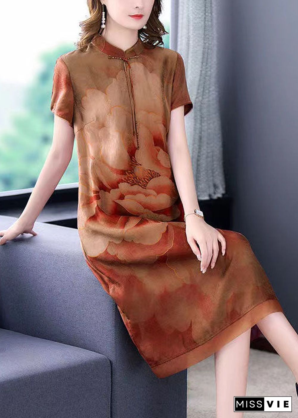 Yellow Print Patchwork Silk Dresses Stand Collar Summer