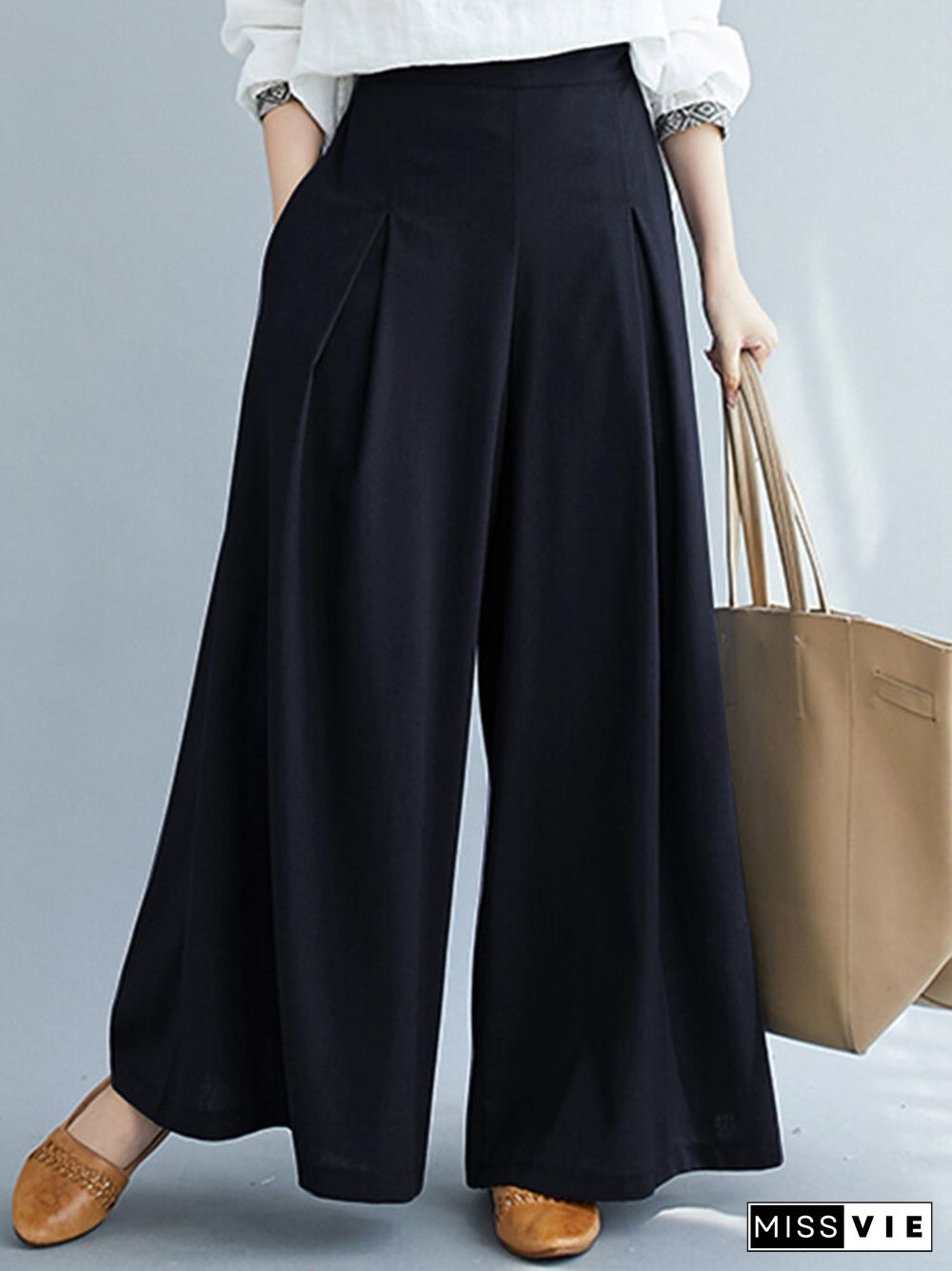 Solid Color Pleated Elastic Waist Casual Loose Wide-Leg Pants for Women