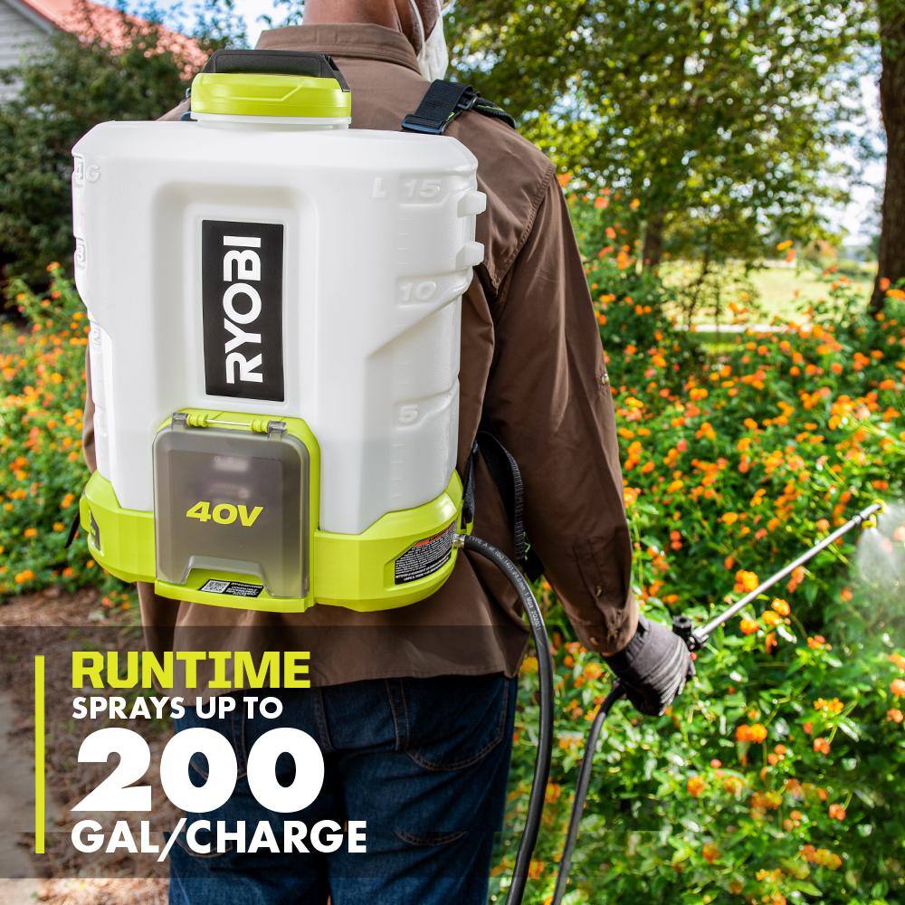 RYOBI 40V Cordless Battery Attachment Capable String Trimmer  4 Gal. Backpack Chemical Sprayer w 4.0 Ah Battery  Charger RY40250-SPR