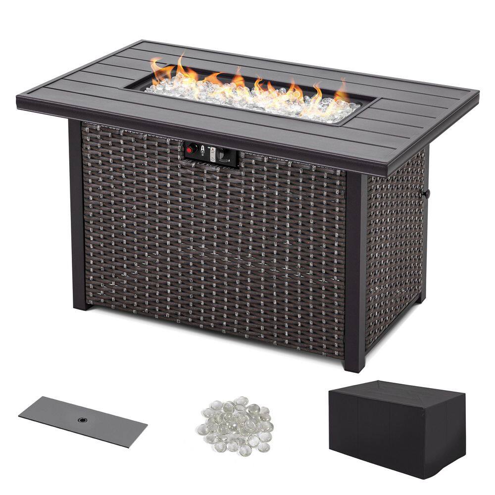 Nuu Garden Brown 43 in. 50000 BTU Rectangular Wicker Aluminum Propane Gas Outdoor Fire Pit Table with Removable Lid Fire Glass AF115C