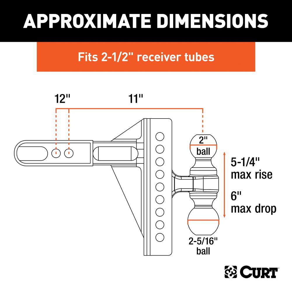 CURT Adjustable 6 in. Channel Mount Trailer Hitch with Dual Ball (2-12 in. Shank) 20000 lbs.Capacity 45902