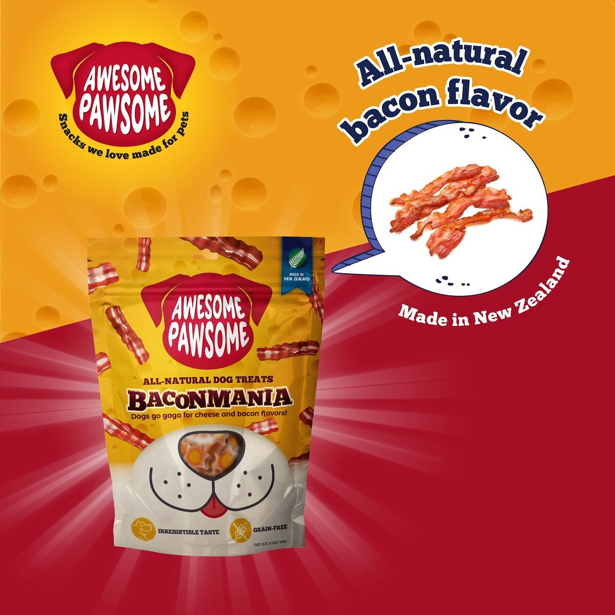 Awesome Pawsome Baconmania Dog Treats， 3-oz bag