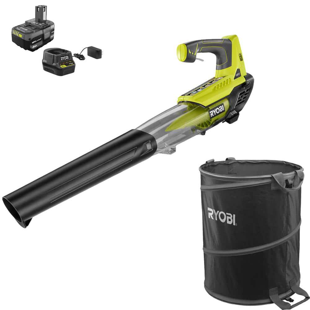 RYOBI ONE 18V 100 MPH 280 CFM Cordless Battery VariableSpeed Leaf Blower wLawn and Leaf Bag 40 Ah Battery and Charger