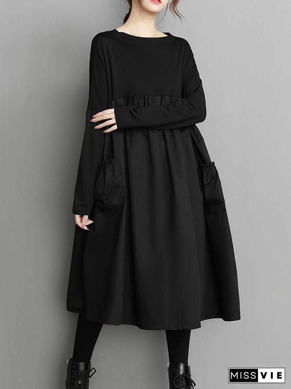 Simple Loose Black Split-Joint Long Sleeves Midi Dress