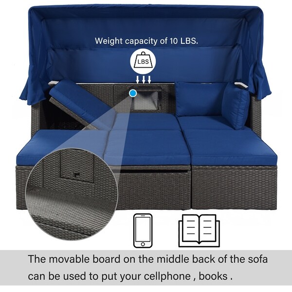 Roomfitters Outdoor Patio Rectangle Daybed with Retractable Canopy，Wicker Sectional Seating with Washable Cushions