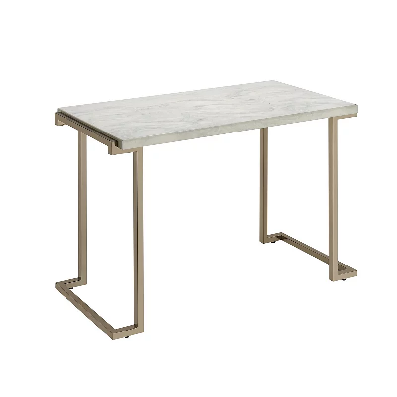 Contemporary Metal Frame Sofa Table with Faux Marble Top ，White and Gold