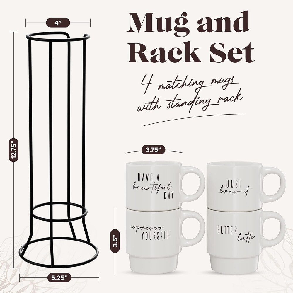 Coffee World Text Ceramic 4 Mug Set with Stackable Metal Rack