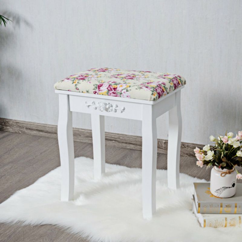 Vanity Wood Dressing Stool Padded Piano Seat with Rose Cushion