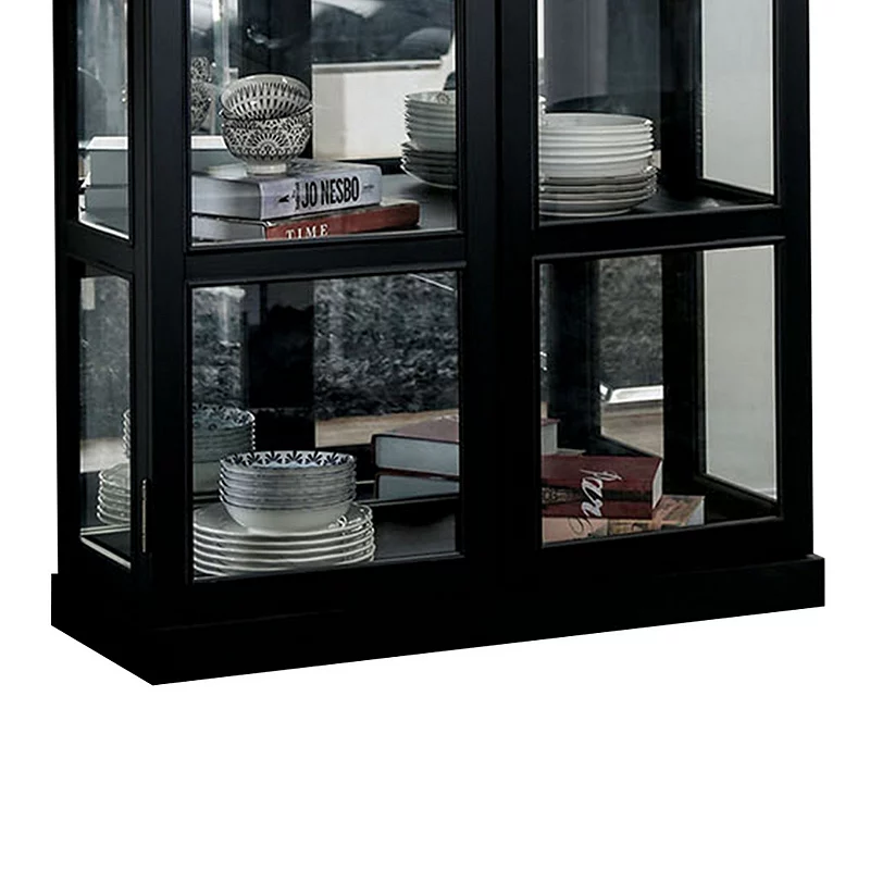 Transitional Wooden Curio Cabinet with Two Glass Doors and Four Shelves， Black