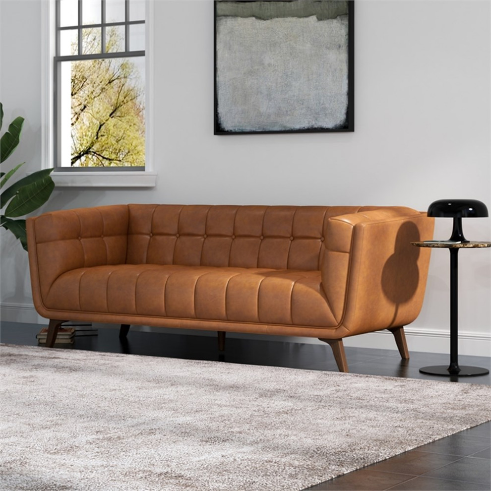 Pemberly Row Mid Century Aniline Leather Tufted Back Sofa in Tan   Transitional   Sofas   by Homesquare  Houzz