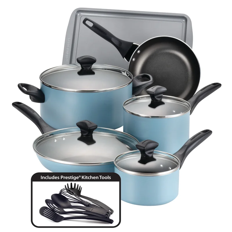 Farberware 21894 Dishwasher Safe 15-Piece Aluminum Nonstick Cookware Set in Aqua