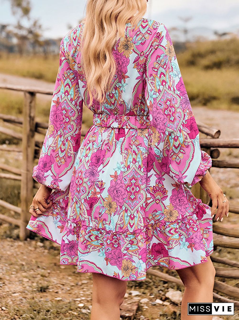 A-line Long Sleeves Belted Flower Print Pleated Split-Joint V-neck Mini Dresses