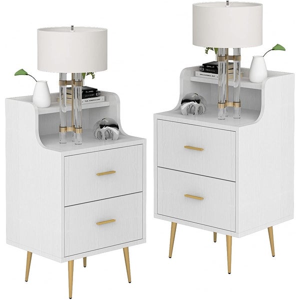 2 Drawer Nightstand Modern Bedside Table with Golden Metal Legs