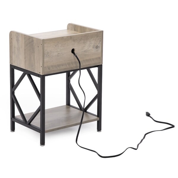 Set of 2 Nightstand End Table with Charging Station， Adjustable Foot Pads