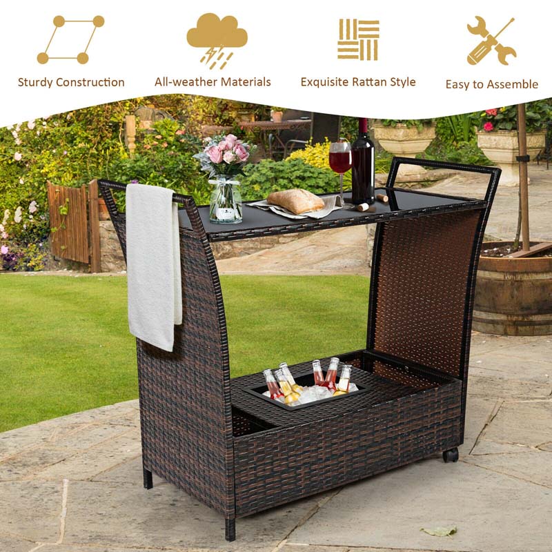 Outdoor Wicker Bar Cart Patio Wine Serving Cart Rolling Rattan Beverage Bar Counter Table with Glass Top & Ice Bucket