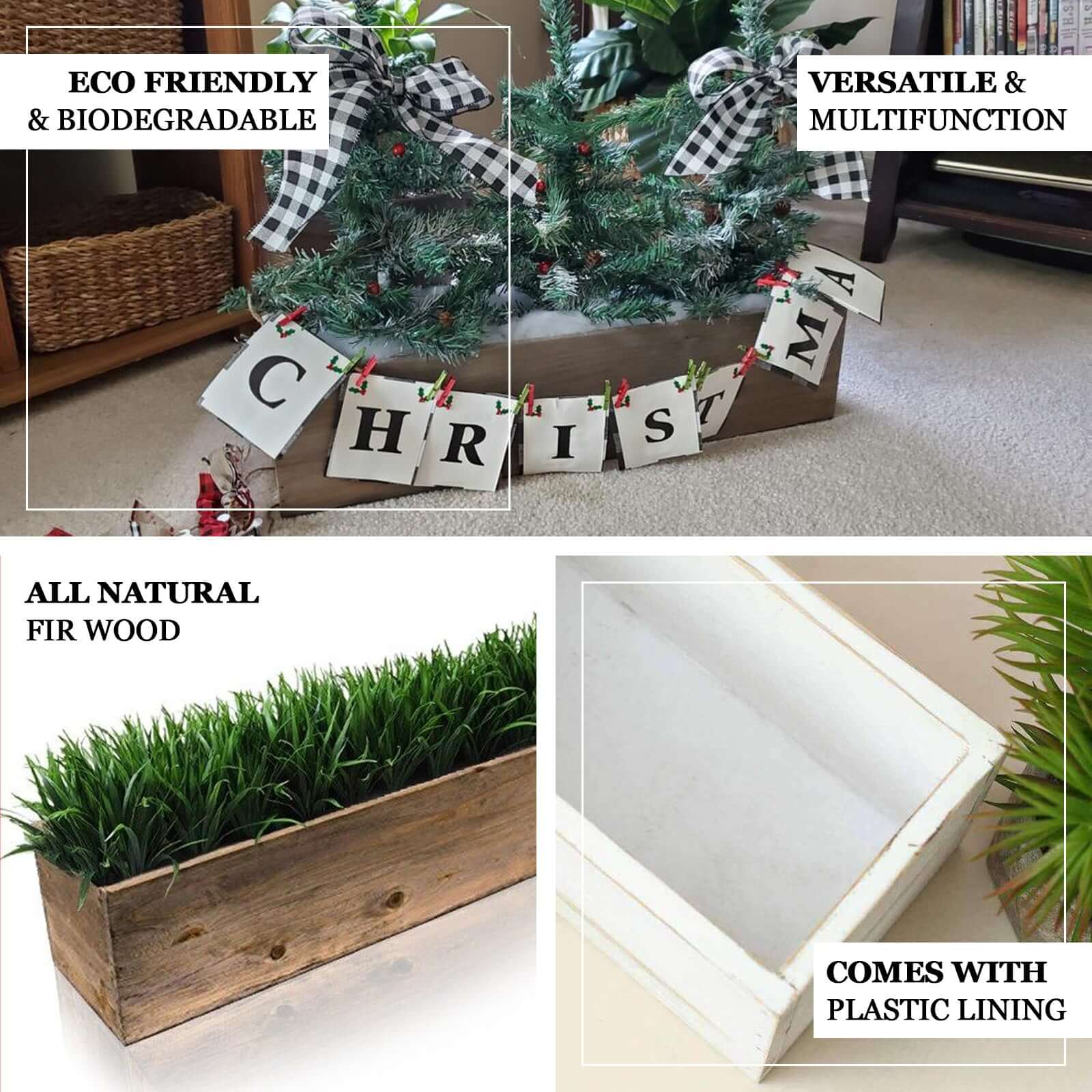 Natural Rectangular Wood Planter Box Set With Removable Plastic Liners 24