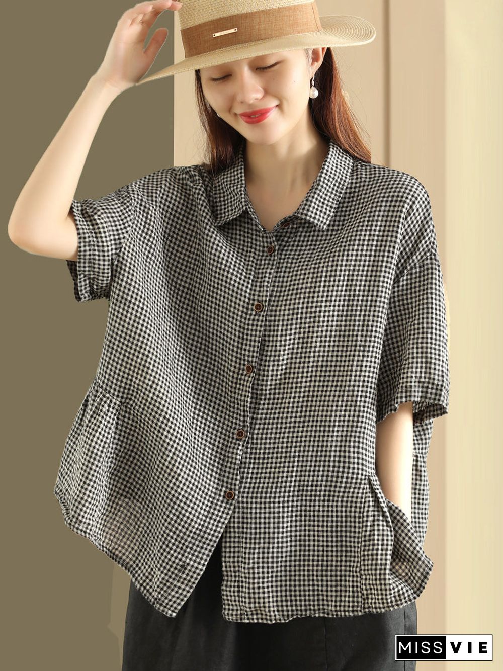 Plus Size Women Summer Casual Plaid Button Cardigan Linen Shirt