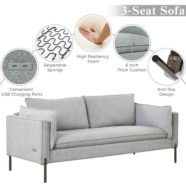 2+3 Seat Linen Sofa Sets with USB Charging Ports， Pillows and Solid Metal Legs