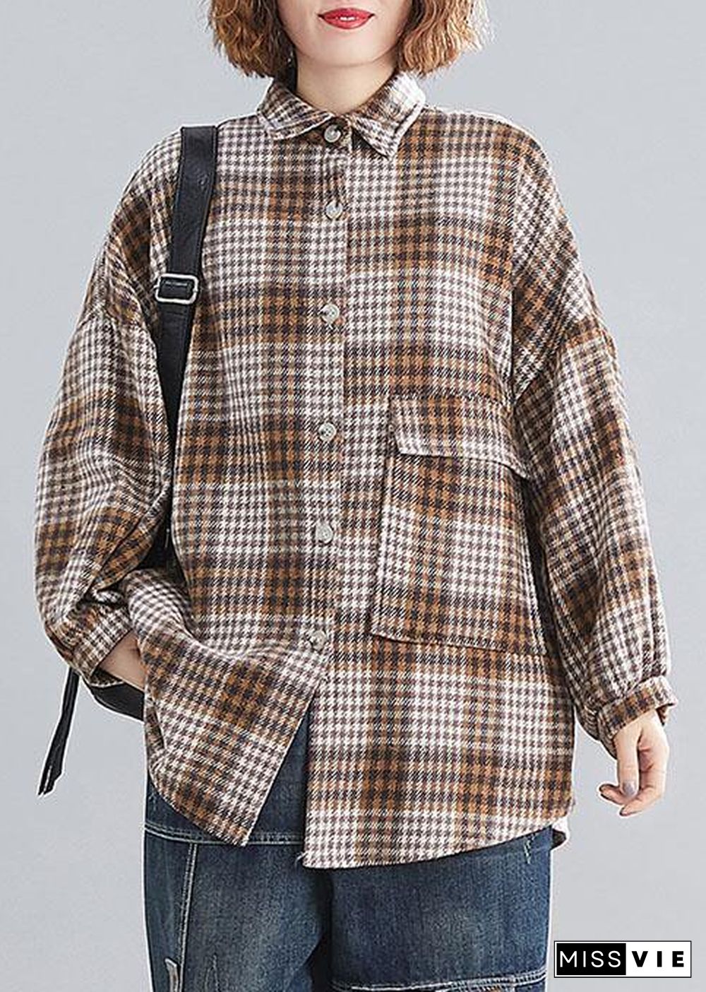 Handmade lapel Batwing Sleeve linen Long Shirts khaki plaid Knee top