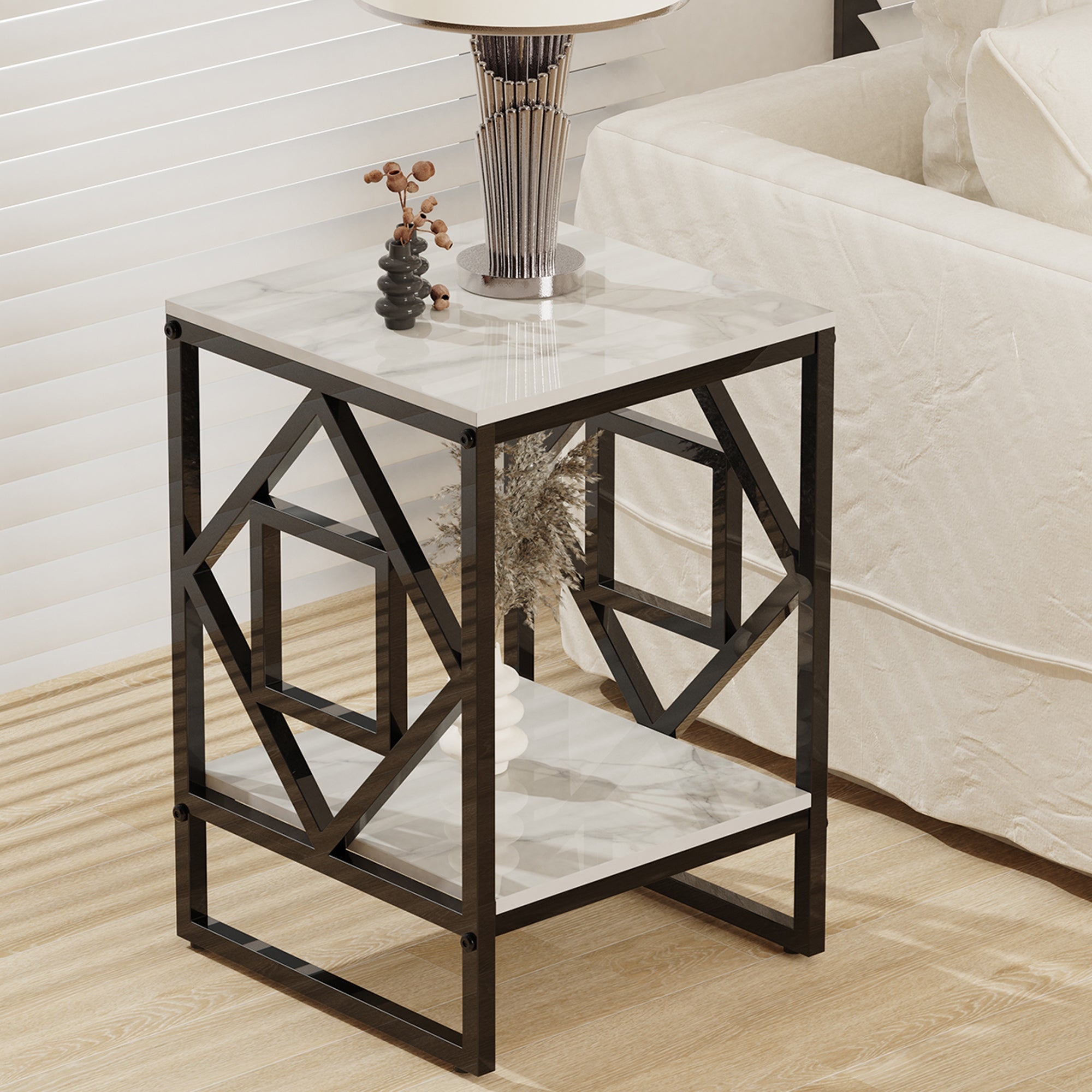 Metal Geometric-Base 2-Tier Marble End Table