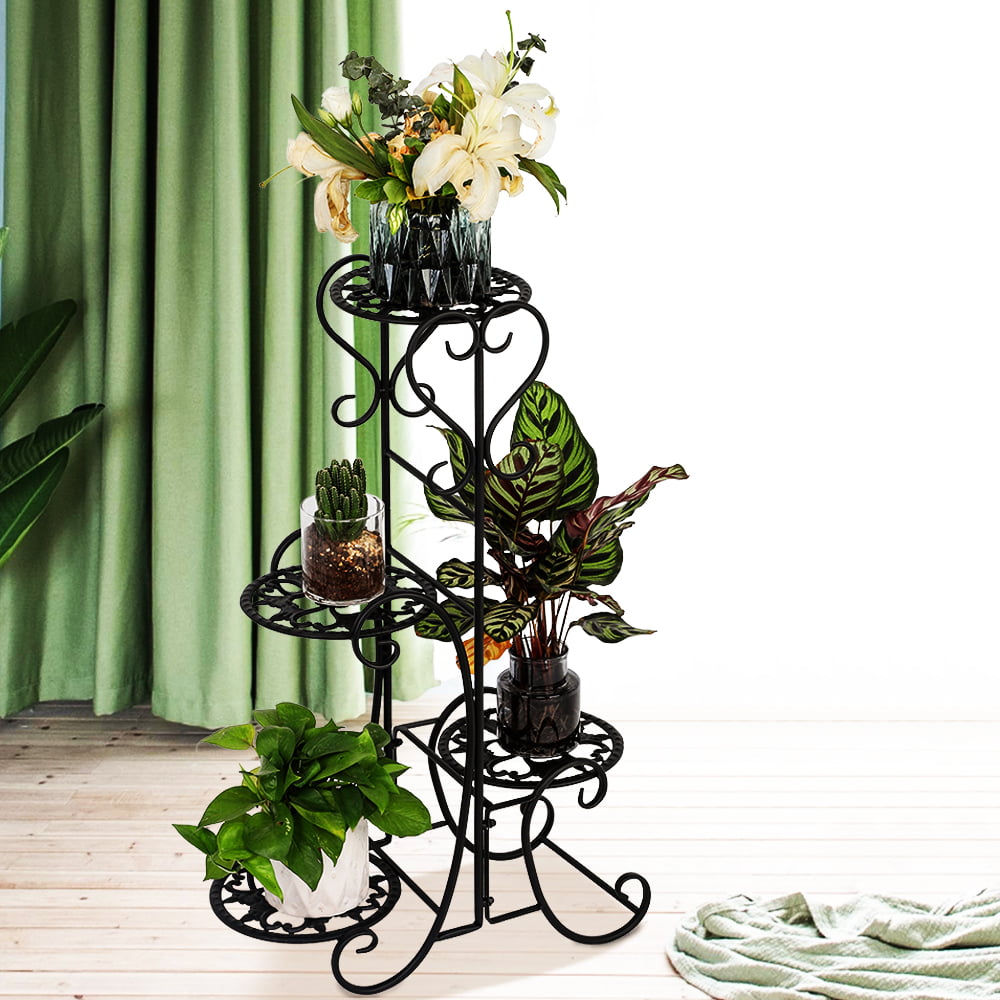 Artisasset 4-Tier Metal Fluer-de-lis Pattern Round Panel Flowers Plant Stand