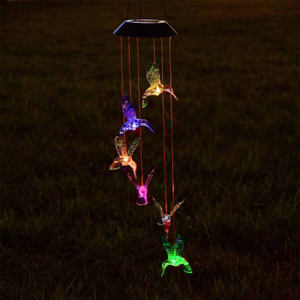 Solar Changing Color Hummingbird Wind Chime， LINKPAL Solar Powered LED Hanging Lamp Windchime Light for Outdoor Indoor Gardening Yard Pathway