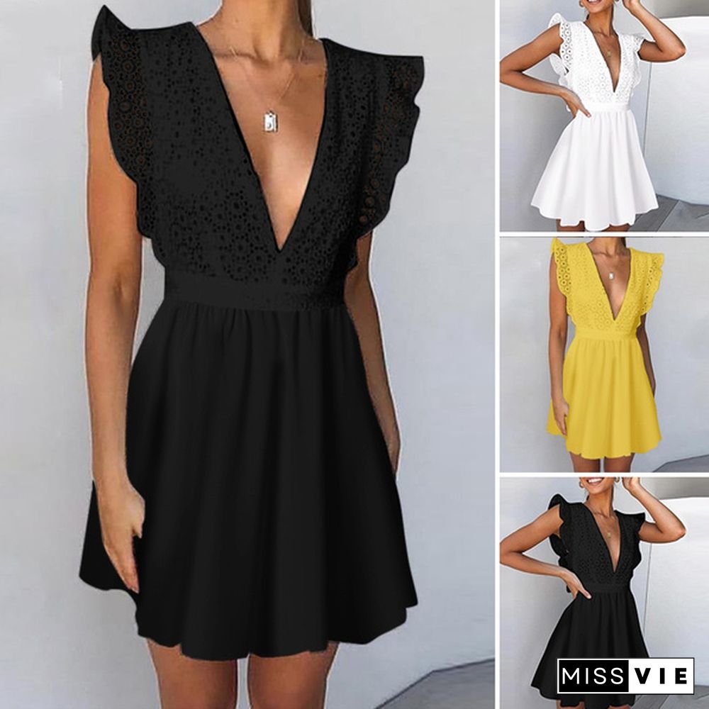 Summer Women Sleeveless Tank Dress Lace Stitching V-neck Ruffle Party Casual Solid Mini Dress Vestidos