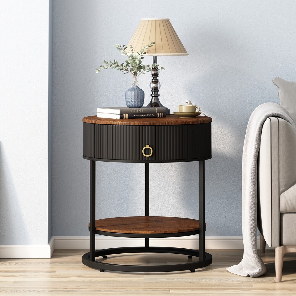 Myhozm Round End Table with Storage  Modern Bedside Furniture for Bedroom  Living Room