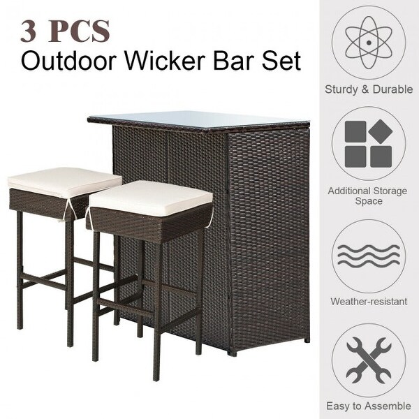 3-piece Rattan Wicker Bar Table Stools Dining Set Cushioned Chairs - 40