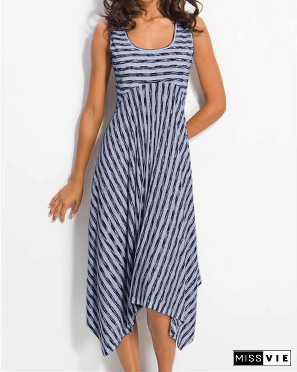 Women Midi Stripes Dresses A-Line Daily Cotton-Blend Printed Dresses