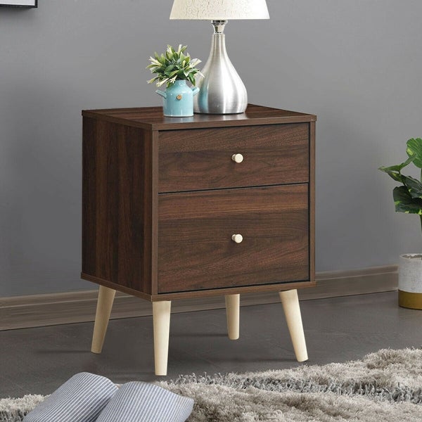 2-Drawer Nightstand Beside End Side Table with Rubber Legs-Walnut - 18