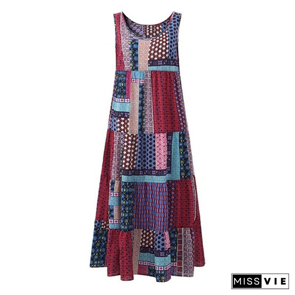 Womens Patch Print Loose Vest Dress Kaftan Sleeveless High Waist Sundress Oversized Casual Hippie Summer Trendy Fashion