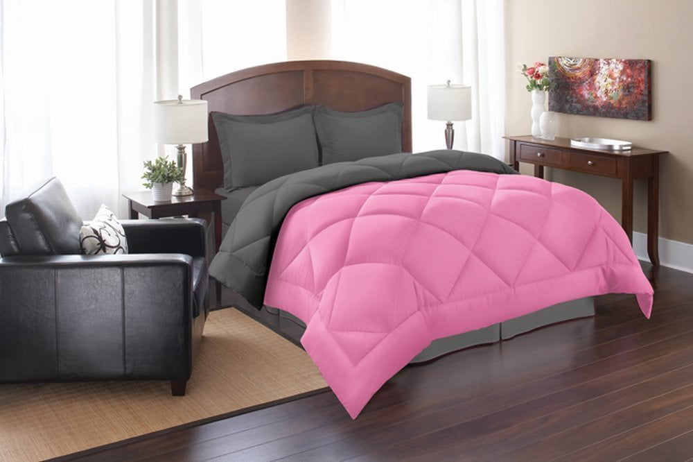 Down Alternative 3pc Comforter Set Full/Queen， Pink/Gray