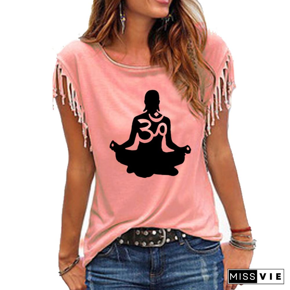 Womens ShortSleeve Om Aum SilhouettePrint T-shirt Summer FashionClothingTShirtWomen's Cotton Tassel Casual T-shirt