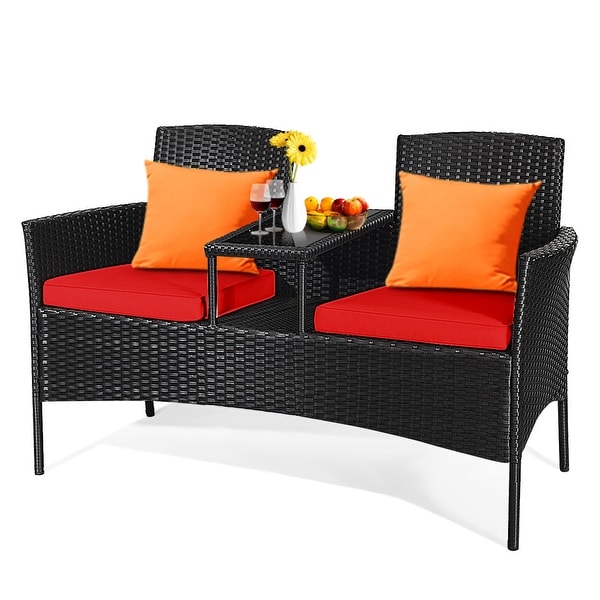 Gymax Rattan Wicker Patio Conversation Set w/ Table Red Cushion