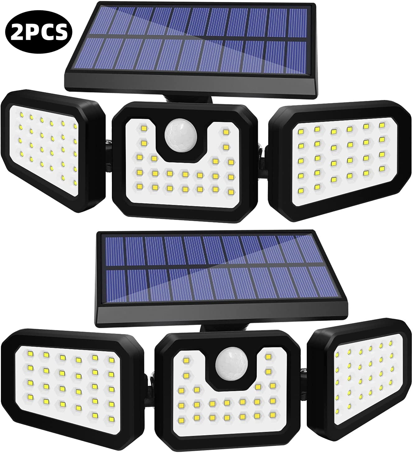 Solar Lights Outdoor， 2Pcs Solar Security Lights Motion Sensor Outdoor Flood Lights， Solar Porch Shop Light 270° Wide Angle Illumination，3 Heads Adjustable IP65 74 LEDs for Home Garden Patio Yard