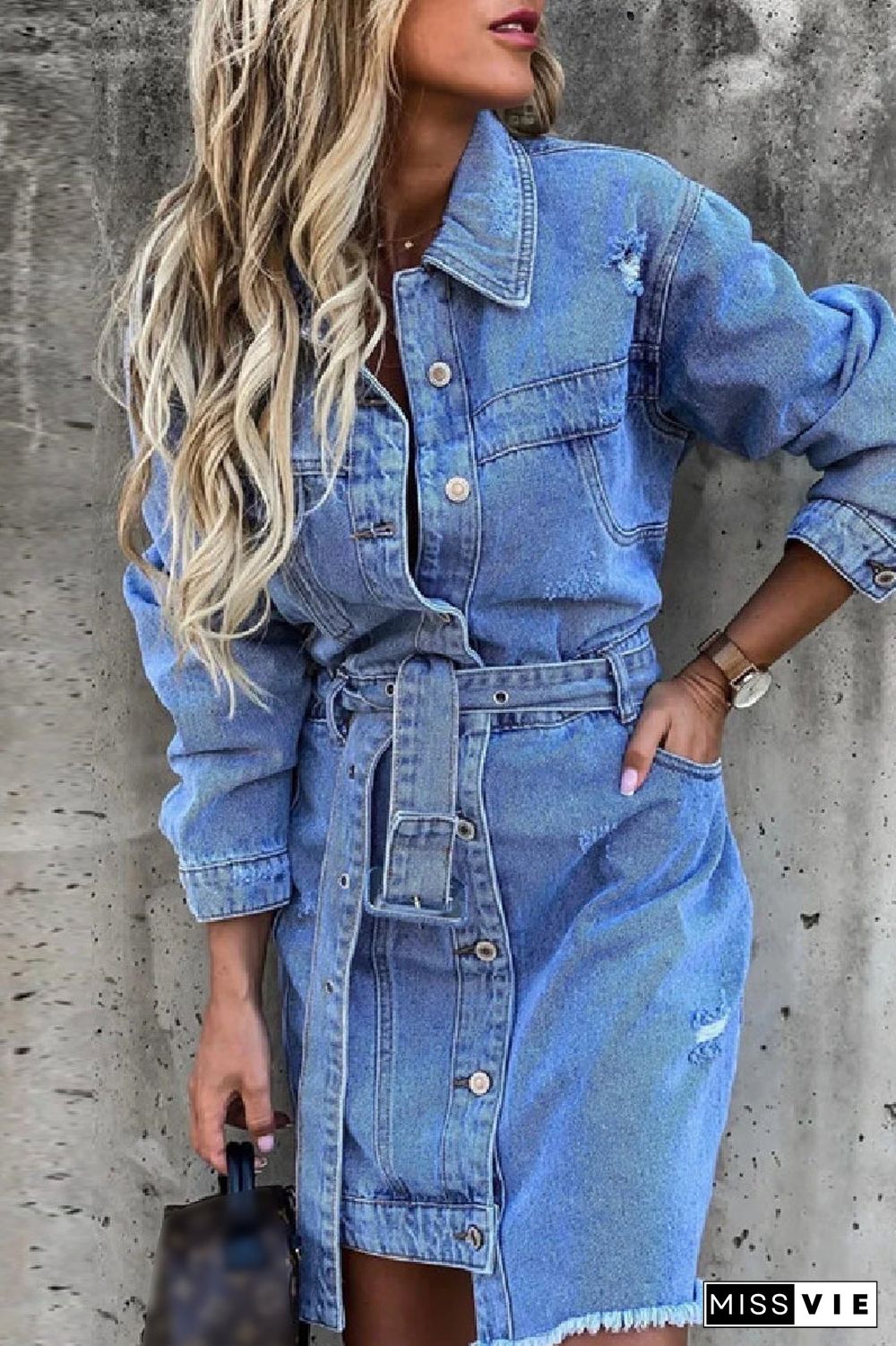 Casual Solid Patchwork With Belt Turndown Collar Long Sleeve Regular Denim Dresses