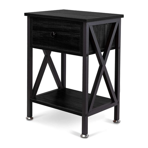 End Table/Side Table with Drawer and Open Storage Shelves and X Side Structure， Nightstand，Table for Bedroom Living Room